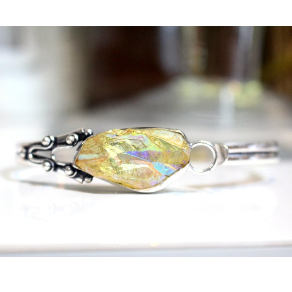 Yellow Titanium Druzy Sterling Silver Gemstone Bangle Bracelet - Picture 9 of 9